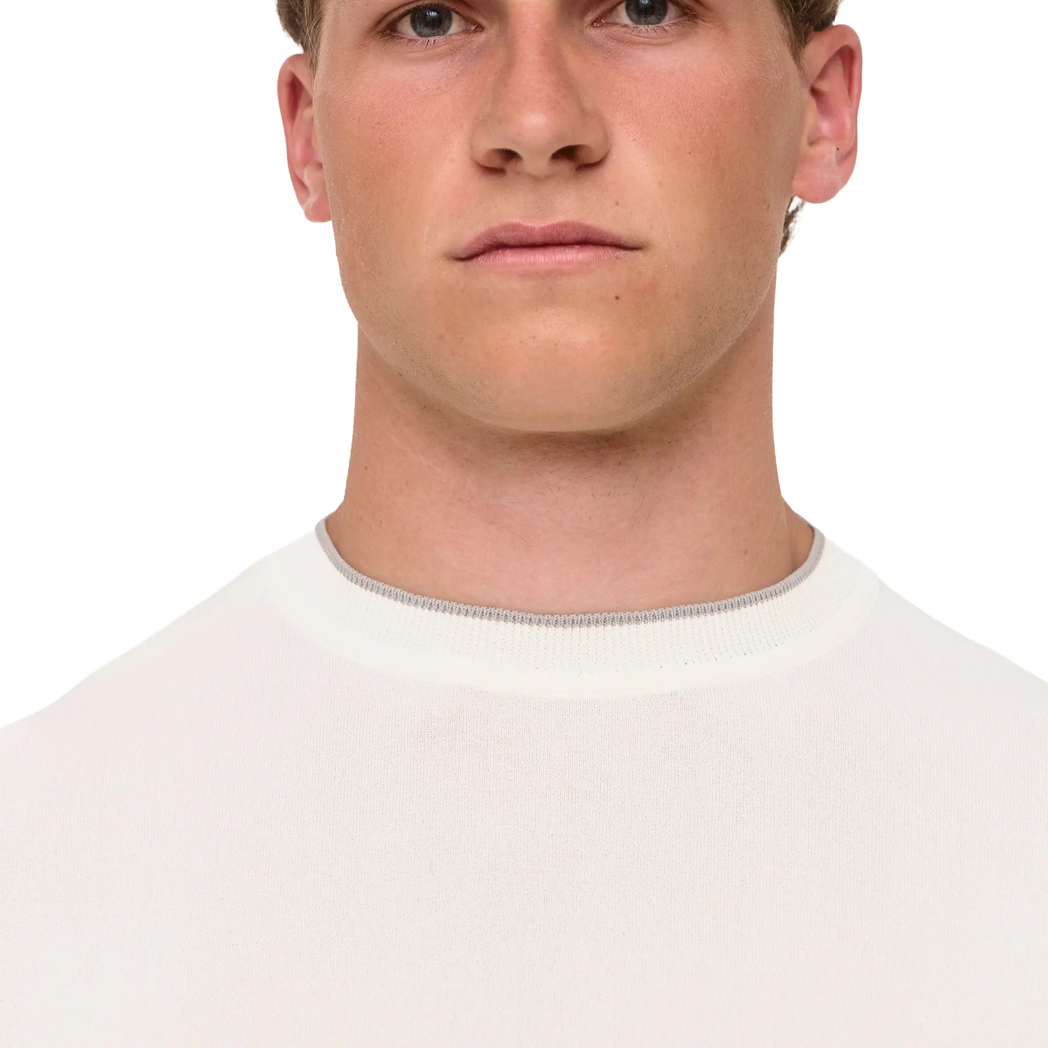 Detailed Neck View of Loiano Rayon Knit White T-Shirt